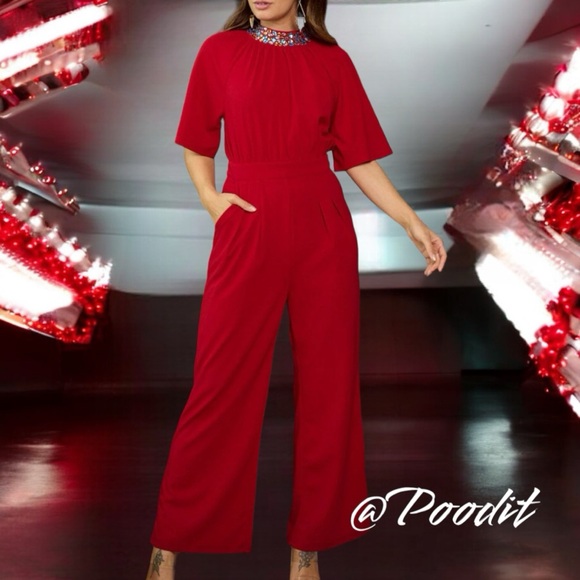 AVAILABLE Gorgeous wine red embellished jumpsuit S M L - Picture 2 of 10